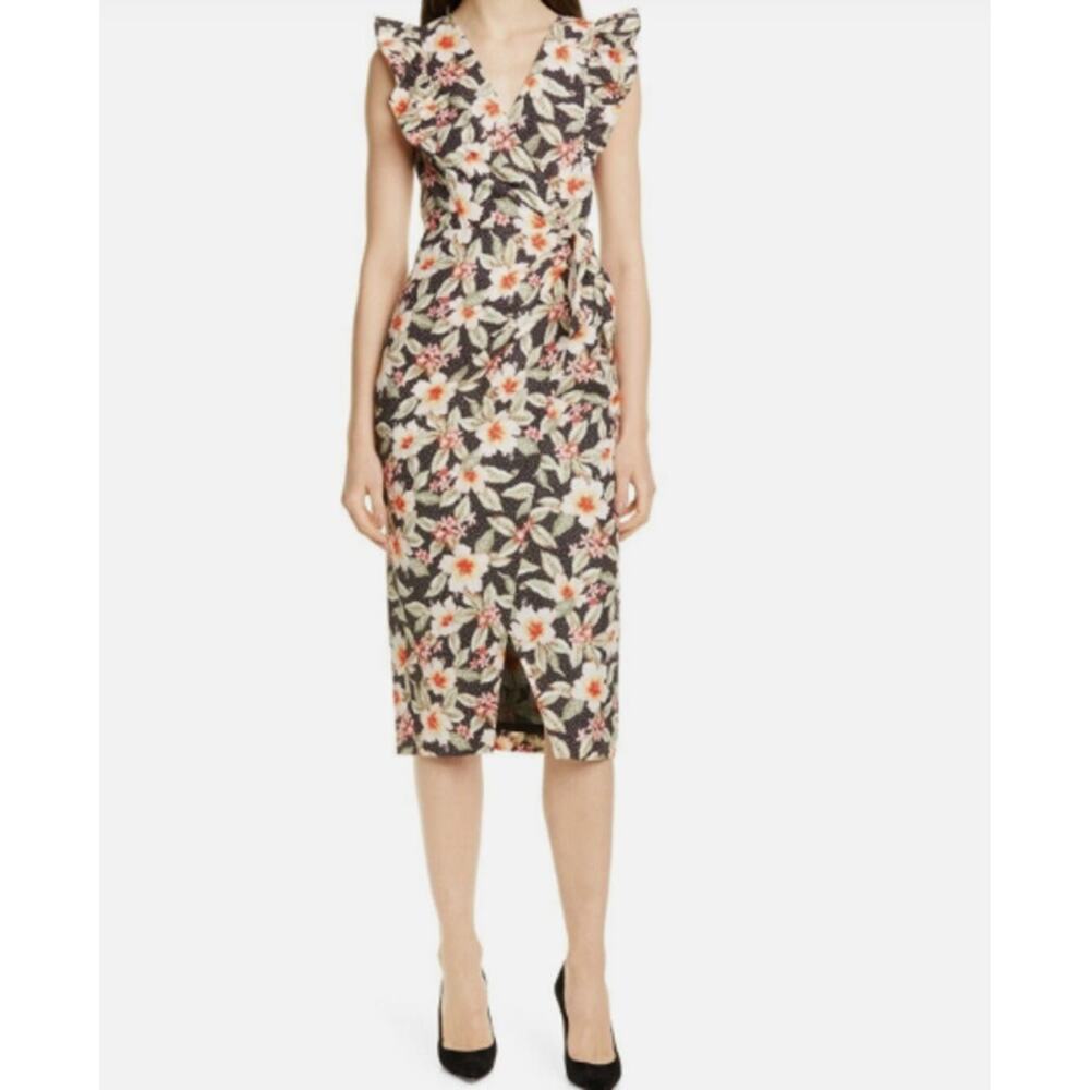 Rebecca Taylor Kamea Wrap Floral‎ Ruffled Midi Dress Multicolor Size 4